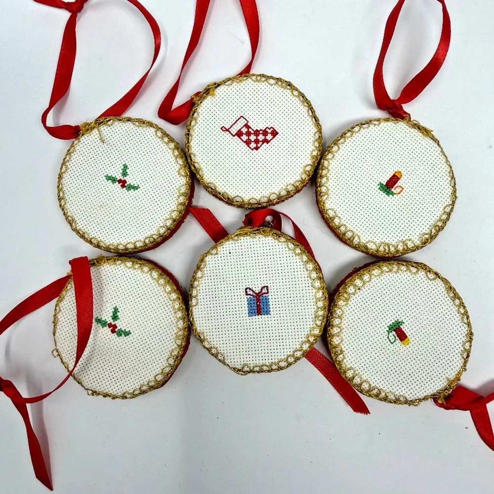 Lot of 6 Vintage Handmade Cross Stitch Christmas Ornaments 2